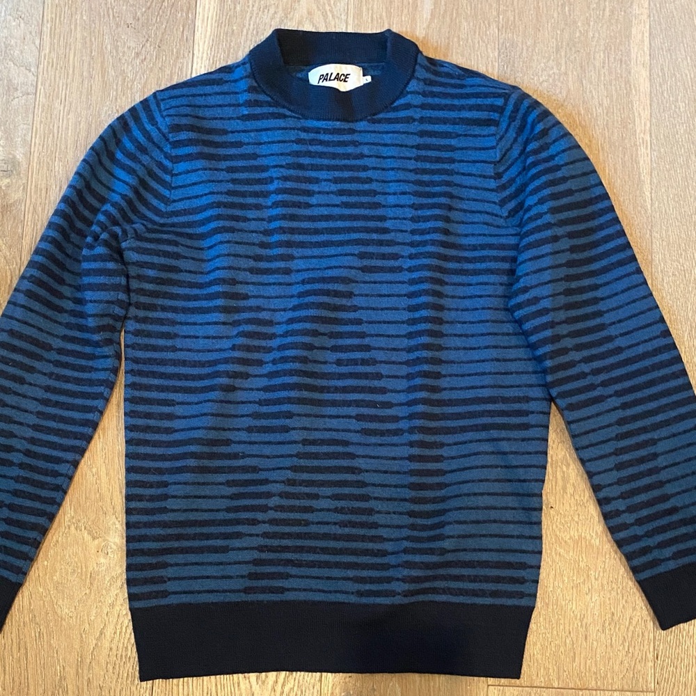 PALACE Men's Striped Blue and Black Crewneck Sweater